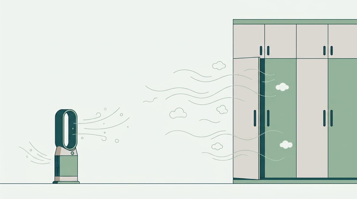 Illustration of an air purifier capturing some formaldehyde while a wardrobe keeps releasing it