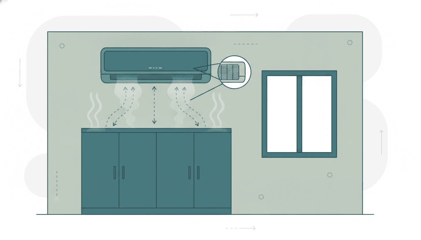 A split-type aircon above a new built-in cabinet, with arrows showing room air looping through the unit and back, and a cutaway of a dusty cooling coil