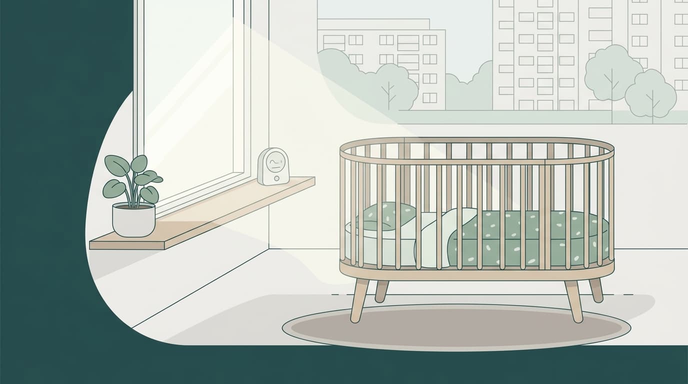 Illustration of a calm nursery with a cot by a bright window and a small air quality meter