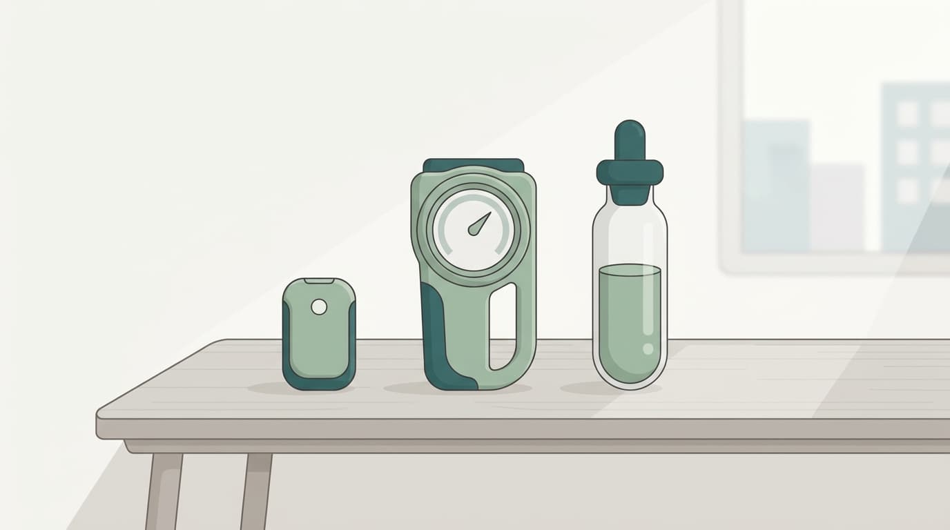 Illustration of three formaldehyde testing devices: pocket sensor, professional meter and lab vial