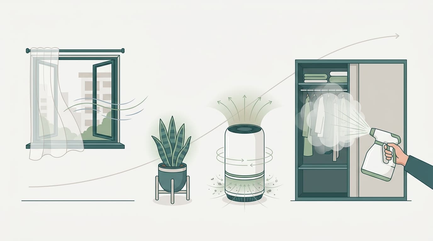 Illustration comparing formaldehyde removal methods from open windows to professional treatment