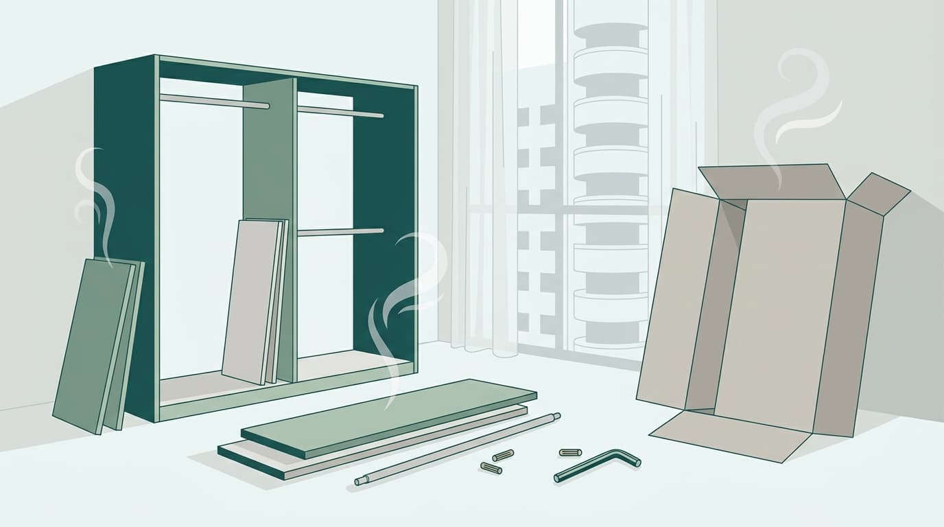 Illustration of a half-assembled flat-pack wardrobe with shipping box, off-gassing