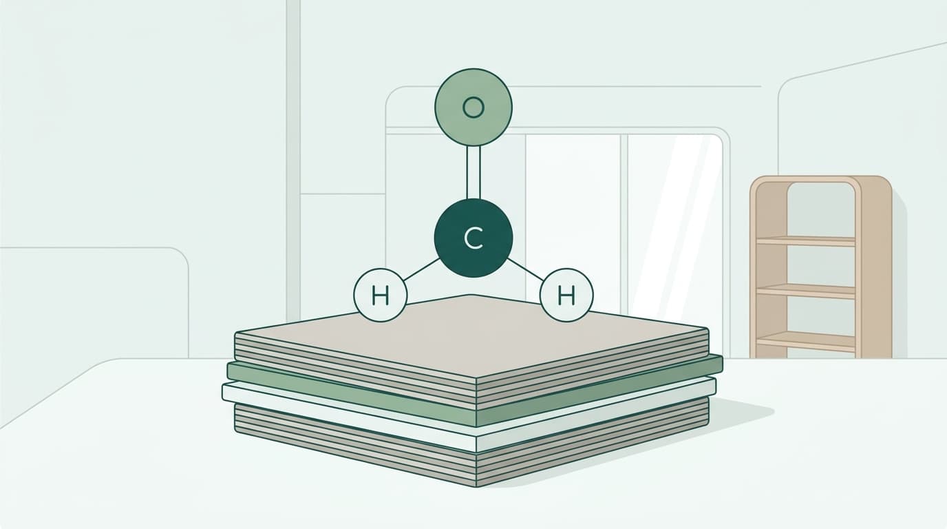 Illustration of a formaldehyde (CH₂O) molecule above a stack of plywood and MDF boards