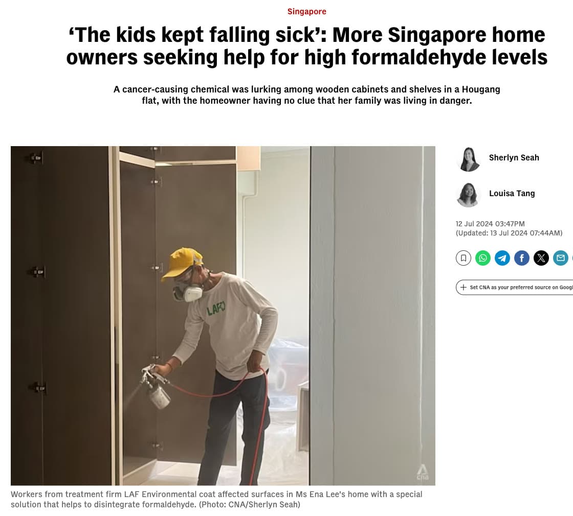 Screenshot of the CNA article "‘The kids kept falling sick’: More Singapore home owners seeking help for high formaldehyde levels", showing an LAF technician spraying treatment inside a wardrobe, captioned "Workers from treatment firm LAF Environmental coat affected surfaces in Ms Ena Lee's home"