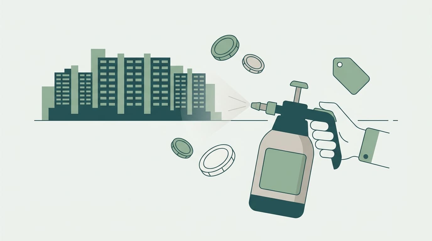Illustration of Singapore HDB blocks with a treatment sprayer and price tags