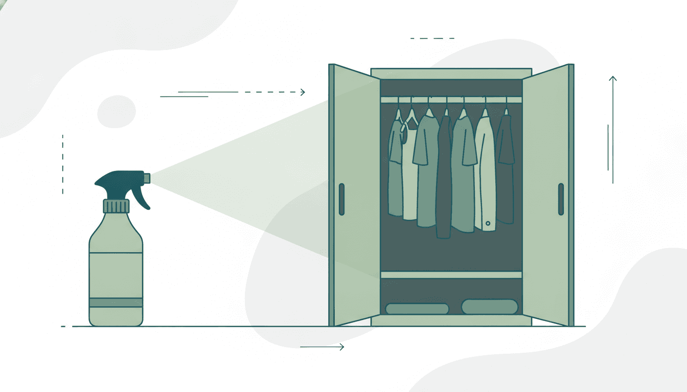A consumer spray bottle beside an open wardrobe, with shaded areas showing the enclosed surfaces a mist fails to reach