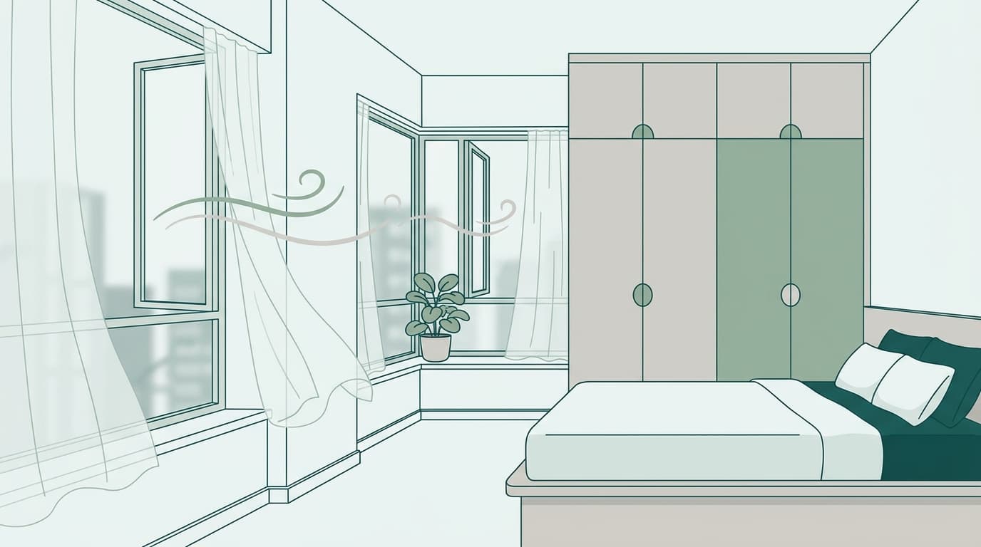 Illustration of a newly renovated bedroom airing out through open windows