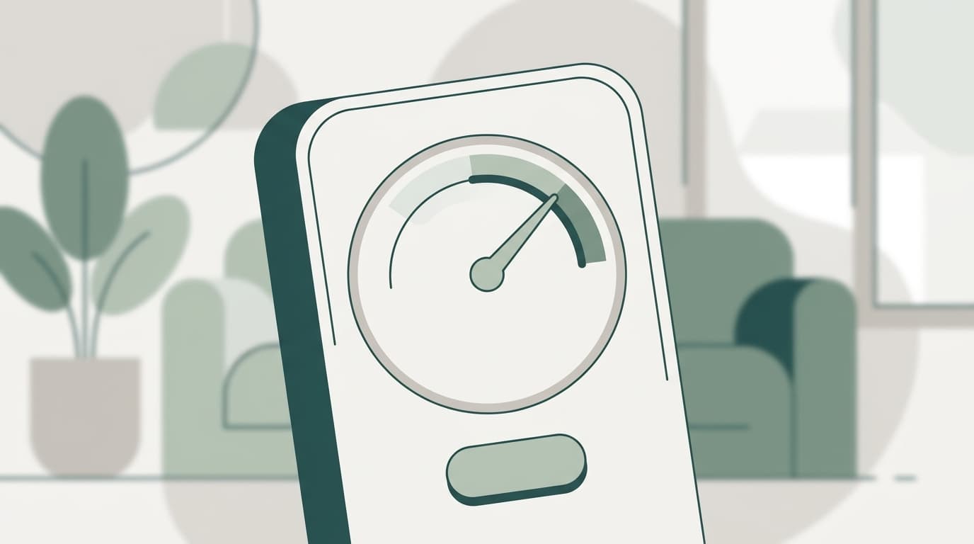 Illustration of a handheld air quality meter with the needle near the guideline threshold