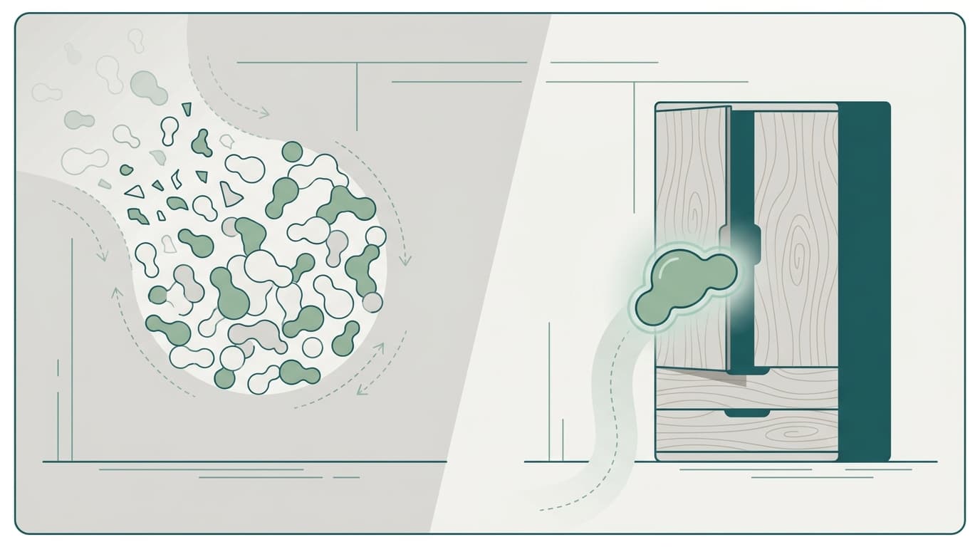 Diagram contrasting fast-dispersing VOC molecules with formaldehyde slowly releasing from a wardrobe