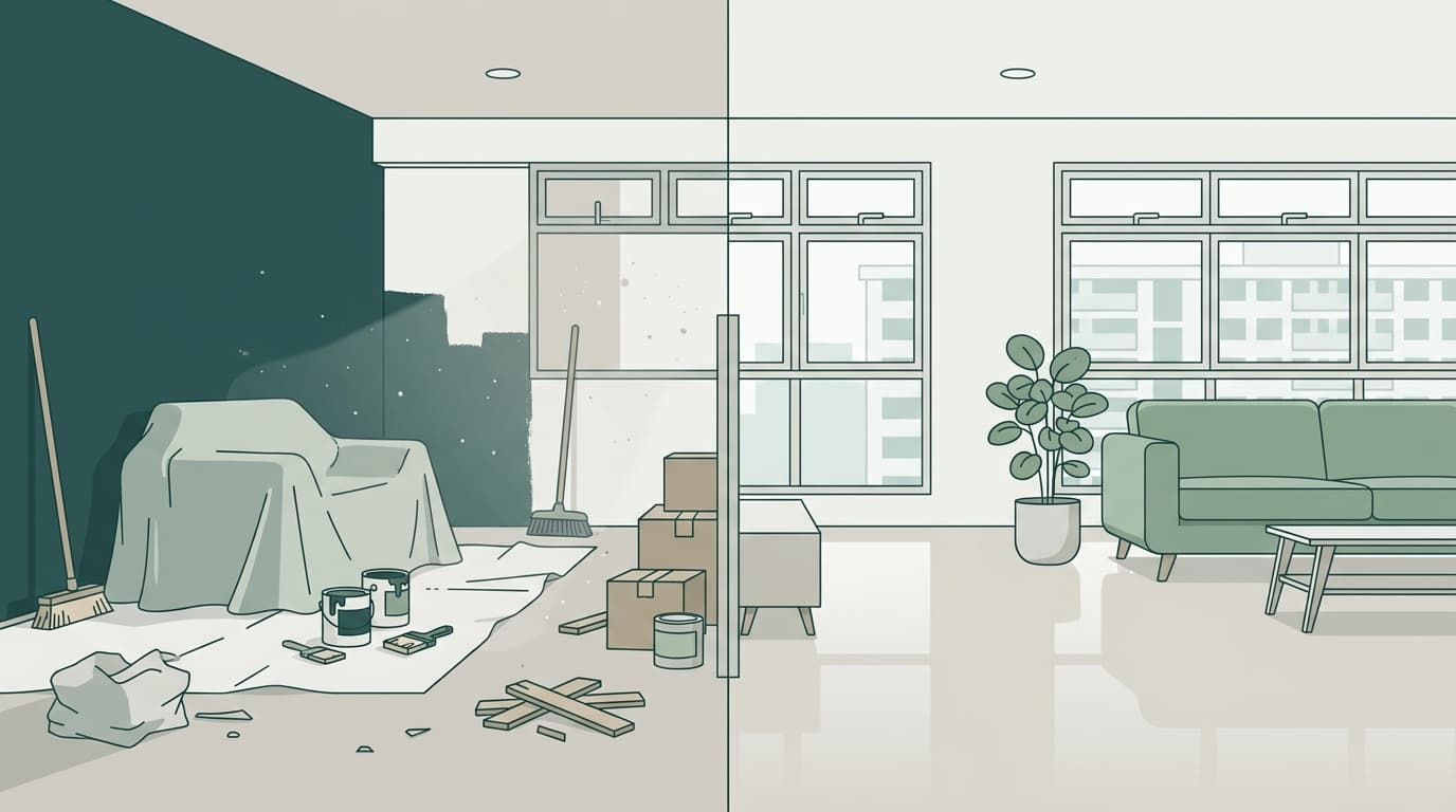 Split view of a living room before and after post-renovation cleaning