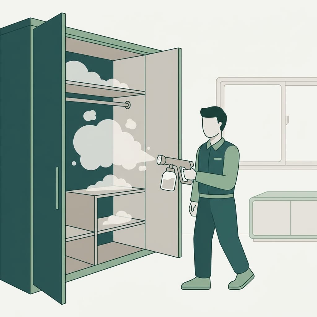 Technician mist-spraying treatment inside an open built-in wardrobe