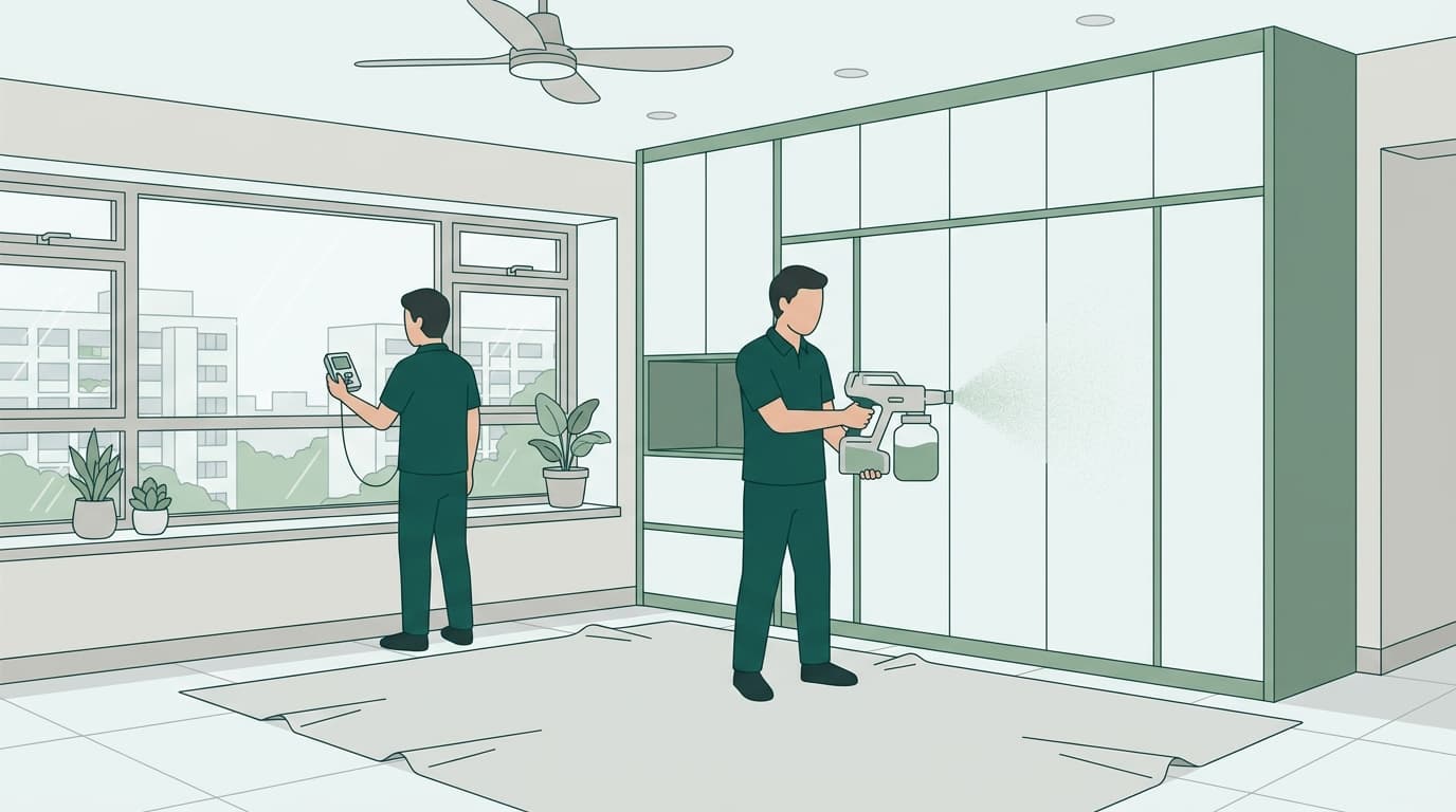 Illustration of technicians treating built-in carpentry and taking meter readings in an HDB living room
