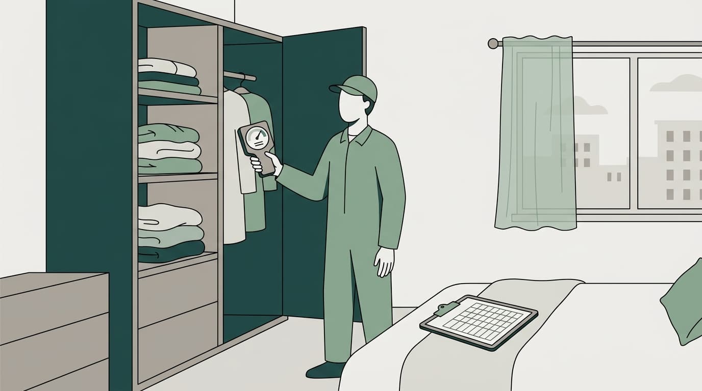 Illustration of a technician taking a formaldehyde reading at breathing height beside an open wardrobe